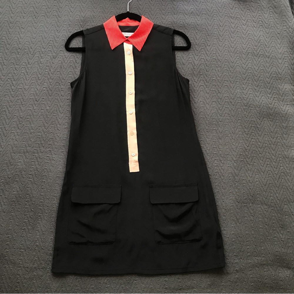 Equipment Black Sleeveless Shift Dress with Coral Collar and Cream Placket